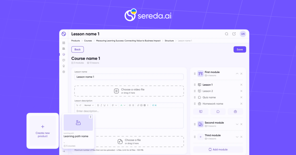 Constructor de cursos para crear cursos en línea en el LMS de Sereda.ai